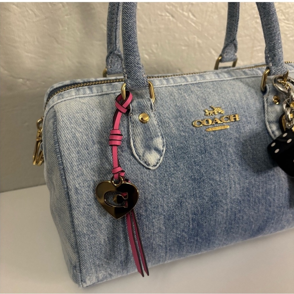 COACH Loved Denim Medium Rowan Satchel Bag with Pink Tassel Charm - Picture 5 of 5